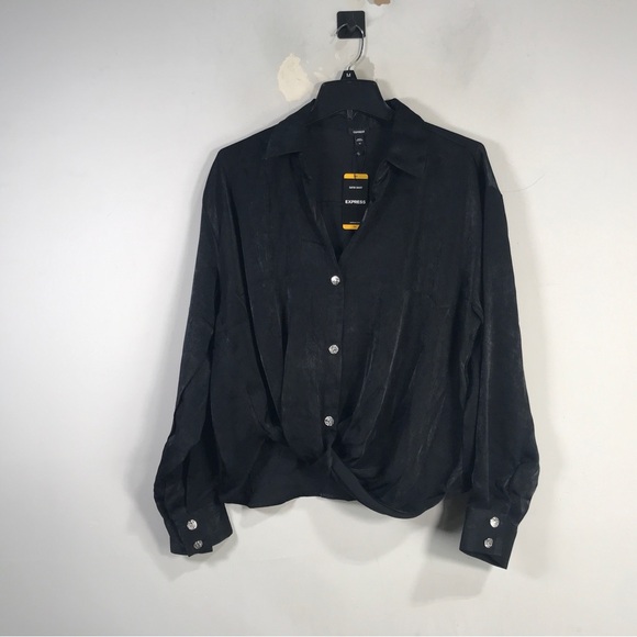 Express Tops - Express Satin Long Sleeve Button Up Shirt, Women's Size M - Black